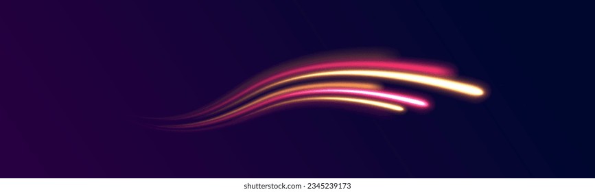 Optic fiber glow and magic bright light in motion curve. Light wave with trail path, color neon glowing flash trace. Wavy glow bright smooth curved lines. Movement of magical glow energy flow vector. 