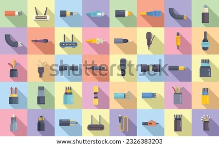 Optic fiber icons set flat vector. Wire cable. Service tech