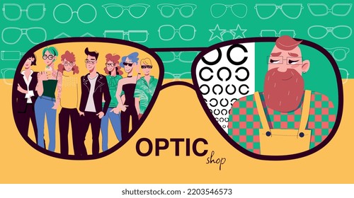 Composición del collage de la tienda de gafas ópticas con texto editable e iconos de contorno de anteojos con caracteres humanos ilustración vectorial