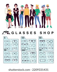 Set de gafas ópticas para tiendas aisladas con anteojos con varios marcos y personajes humanos ilustración vectorial