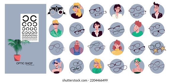 Optic glasses shop set of round compositions with icons of eyeglasses with eye chart and people vector illustration