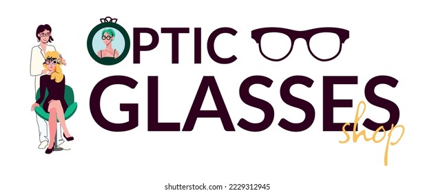 Optic glasses shop text composition with editable ornate text and mirror with female avatar human characters vector illustration