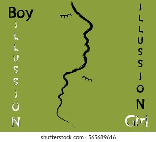 Optic illusion representing a boy and a girl face, close together, vector illustration, eps 10