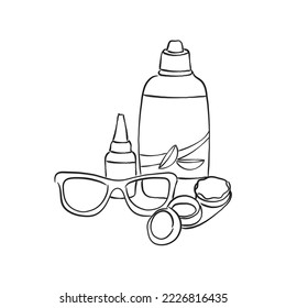 Optic Lens use instructions and instruments. Drops and glasses. Health care and self care concept.