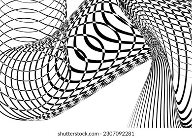 Optical 3D Art with Twist Striped. Background Abstract Line Black and White Color. Swirl Hypnotic Pattern. Vector illustration.