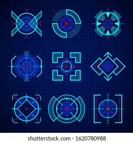 Optical aim. Uix of sniper guns game weapon focuses futuristic technology vector set hud style