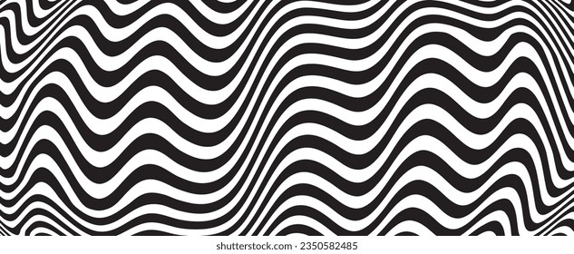 Optical art abstract background wave design black and white.  Abstract weaves seamless vector pattern. 60’s, 70’s style hippie background with waves, psychedelic groovy texture.