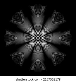 Optical art abstract octagonal mandala. Round pattern of monochrome gradient stripes. Tribal sacred eight pointed snowflake.