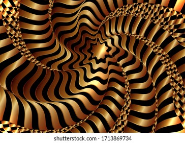 Optical art abstract wave cover design. Golden waves vector background. Black and gold fluid stripes minimal poster template