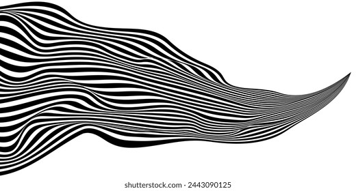 Optical art abstract wave shape black flow design. Twisted duo tone backgrounds. Minimalist design template for poster, banner, cover, postcard.