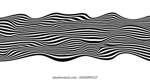 Optical art abstract wave shape black flow design. Twisted duo tone backgrounds. Minimalist design template for poster, banner, cover, postcard.