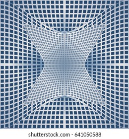 Optical art background with 3d illusion, deformed metal grid on blue area