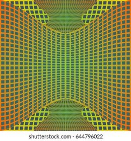 Optical art background with 3d illusion, deformed metal grid on blue area