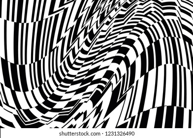  Optical art background. Design black and white. Digital image with a psychedelic stripes. Vector illustration  