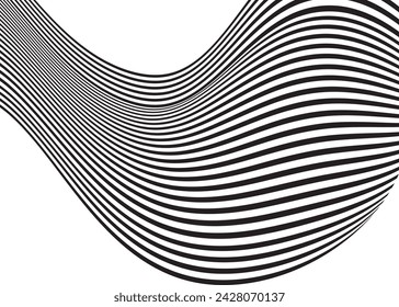 Fondo de arte óptico, diseño de onda geométrica, blanco y negro, fondo abstracto de rayas de onda vectoriales.