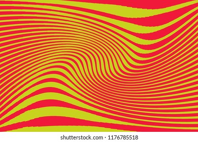 Optical art background Glitch abstract pattern Curve Random Chaotic Lines Modern, Contemporary Art Illustration with Red and yellow Striped Lines Bright background with Wavy, Curving Distortion Effect
