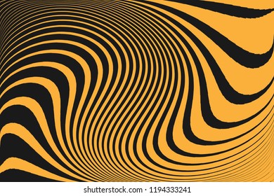 Optical art background Glitch abstract pattern Curve Random Chaotic Lines Modern, Contemporary Art Illustration with black-yellow Striped Lines Bright background with Wavy, Curving Distortion Effect