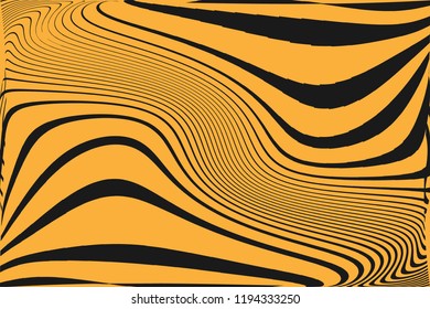 Optical art background Glitch abstract pattern Curve Random Chaotic Lines Modern, Contemporary Art Illustration with black-yellow Striped Lines Bright background with Wavy, Curving Distortion Effect