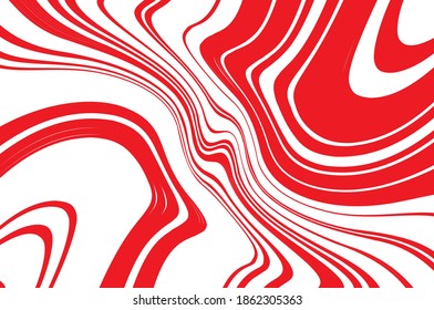 Optical art background. Red and white pattern with wavy, curves lines. Digital image with a psychedelic stripes. Vector illustration .