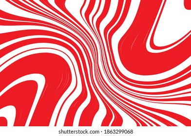 Optical art background. Red and white pattern with wavy, curves lines. Digital image with a psychedelic stripes. Vector illustration .