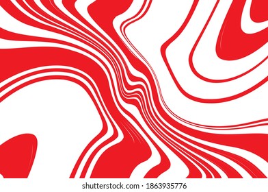 Optical art background. Red and white pattern with wavy, curves lines. Digital image with a psychedelic stripes. Vector illustration .