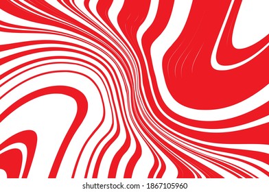 Optical art background. Red and white pattern with wavy, curves lines. Digital image with a psychedelic stripes. Vector illustration .