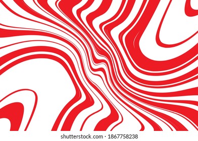 Optical art background. Red and white pattern with wavy, curves lines. Digital image with a psychedelic stripes. Vector illustration .