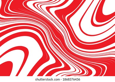 Optical art background. Red and white pattern with wavy, curves lines. Digital image with a psychedelic stripes. Vector illustration .