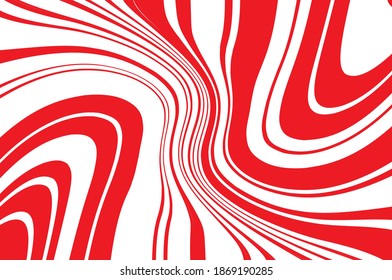 Optical art background. Red and white pattern with wavy, curves lines. Digital image with a psychedelic stripes. Vector illustration .