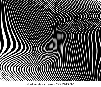 Optical art background. Wave design black and white. Digital image with a psychedelic stripes. Vector illustration  Abstract pattern. Texture with wavy, curves lines.