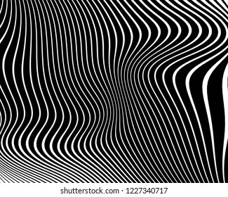 Optical art background. Wave design black and white. Digital image with a psychedelic stripes. Vector illustration  Abstract pattern. Texture with wavy, curves lines. 