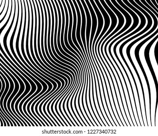 Optical art background. Wave design black and white. Digital image with a psychedelic stripes. Vector illustration  Abstract pattern. Texture with wavy, curves lines.