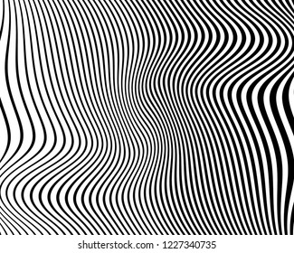 Optical art background. Wave design black and white. Digital image with a psychedelic stripes. Vector illustration  Abstract pattern. Texture with wavy, curves lines.