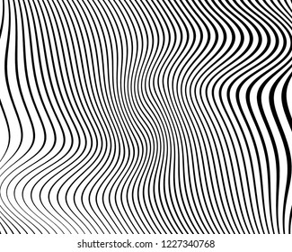 Optical art background. Wave design black and white. Digital image with a psychedelic stripes. Vector illustration  Abstract pattern. Texture with wavy, curves lines.