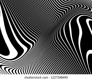 Optical art background. Wave design black and white. Digital image with a psychedelic stripes. Vector illustration  Abstract pattern. Texture with wavy, curves lines.