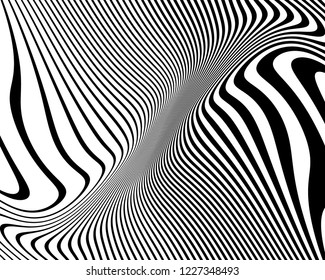 Optical art background. Wave design black and white. Digital image with a psychedelic stripes. Vector illustration  Abstract pattern. Texture with wavy, curves lines.