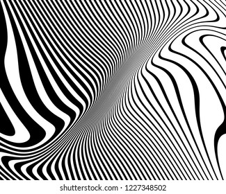 Optical art background. Wave design black and white. Digital image with a psychedelic stripes. Vector illustration  Abstract pattern. Texture with wavy, curves lines.