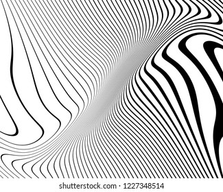 Optical art background. Wave design black and white. Digital image with a psychedelic stripes. Vector illustration  Abstract pattern. Texture with wavy, curves lines.