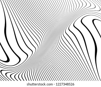 Optical art background. Wave design black and white. Digital image with a psychedelic stripes. Vector illustration  Abstract pattern. Texture with wavy, curves lines.