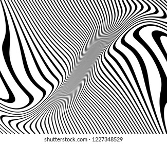 Optical art background. Wave design black and white. Digital image with a psychedelic stripes. Vector illustration  Abstract pattern. Texture with wavy, curves lines.