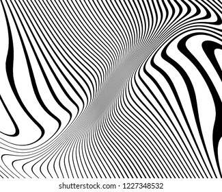 Optical art background. Wave design black and white. Digital image with a psychedelic stripes. Vector illustration  Abstract pattern. Texture with wavy, curves lines.