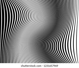 Optical art background. Wave design black and white. Digital image with a psychedelic stripes. Vector illustration Abstract pattern. Texture with wavy, curves lines