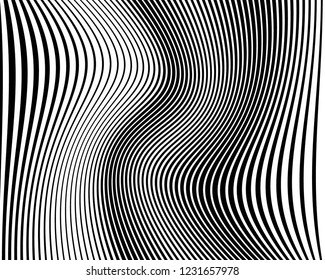 Optical art background. Wave design black and white. Digital image with a psychedelic stripes. Vector illustration Abstract pattern. Texture with wavy, curves lines