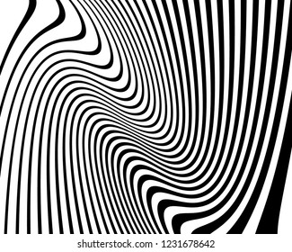 Optical art background. Wave design black and white. Digital image with a psychedelic stripes. Vector illustration Abstract pattern. Texture with wavy, curves lines