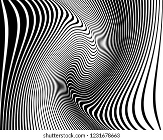 Optical art background. Wave design black and white. Digital image with a psychedelic stripes. Vector illustration Abstract pattern. Texture with wavy, curves lines