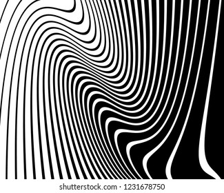 Optical art background. Wave design black and white. Digital image with a psychedelic stripes. Vector illustration Abstract pattern. Texture with wavy, curves lines