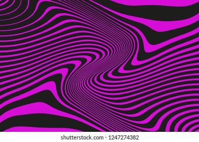 Optical art background. Wave design pink and black. Digital image with a psychedelic stripes. Abstract pattern. Texture with wavy, curves lines. Vector illustration  