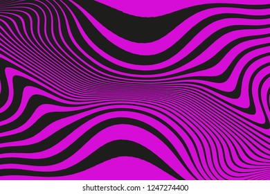 Optical art background. Wave design pink and black. Digital image with a psychedelic stripes. Abstract pattern. Texture with wavy, curves lines. Vector illustration  