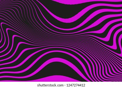 Optical art background. Wave design pink and black. Digital image with a psychedelic stripes. Abstract pattern. Texture with wavy, curves lines. Vector illustration  