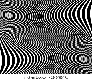 Optical art background. Wave design black and white. Digital image with a psychedelic stripes. Vector illustration  Abstract pattern. Texture with wavy, curves lines